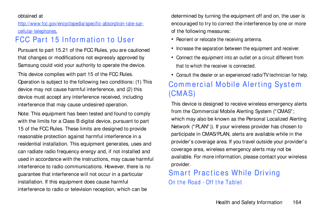 Samsung SM-P9000ZKVXAR FCC Part 15 Information to User, Commercial Mobile Alerting System Cmas, On the Road Off the Tablet 