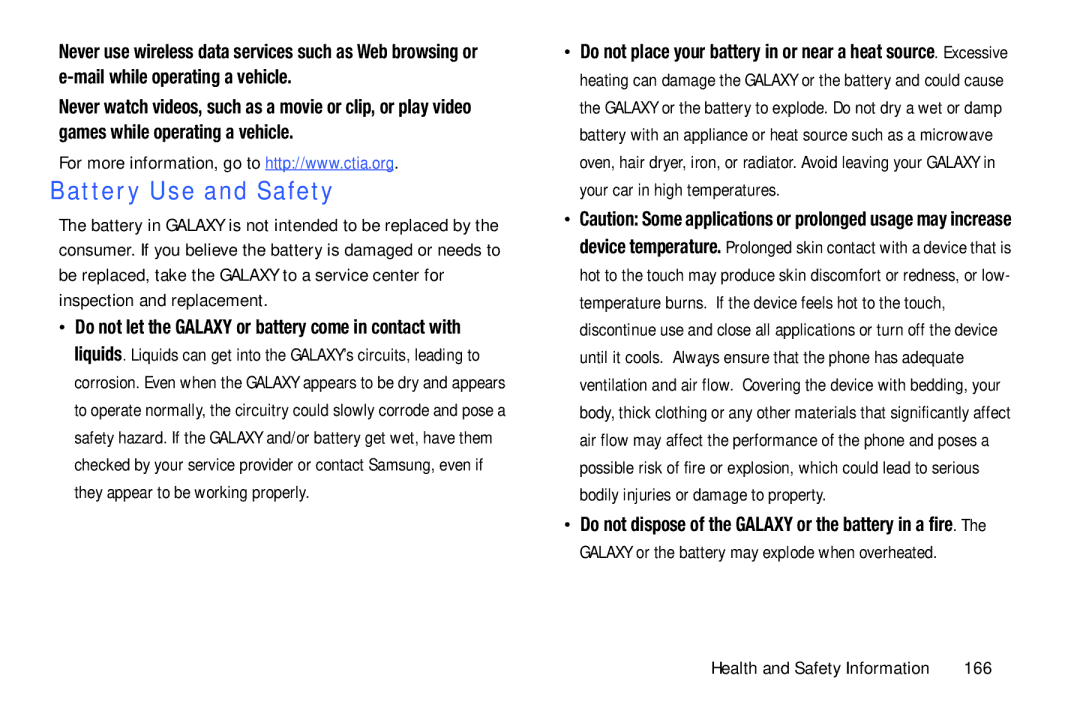 Samsung SM-P9000ZWVXAR, XE700T1C-K01US, SM-P9000ZKVXAR, SM-P9000ZKFXAR, SM-P900A, SM-P9000ZWFXAR Battery Use and Safety, 166 