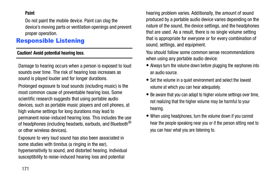 Samsung SM-P9000ZKFXAR, XE700T1C-K01US, SM-P9000ZKVXAR, SM-P9000ZWVXAR, SM-P900A user manual Responsible Listening, Paint, 171 