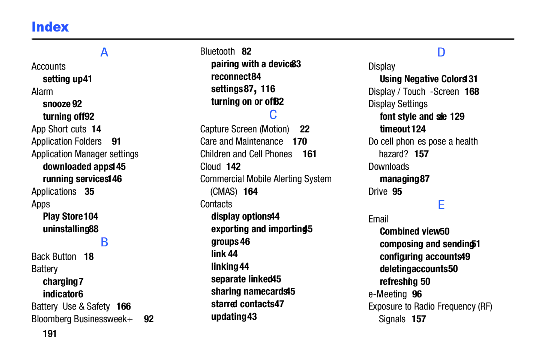 Samsung SM-P900A Accounts, Alarm, Application Manager settings, Applications Apps, Back Button Battery, Cmas Contacts 