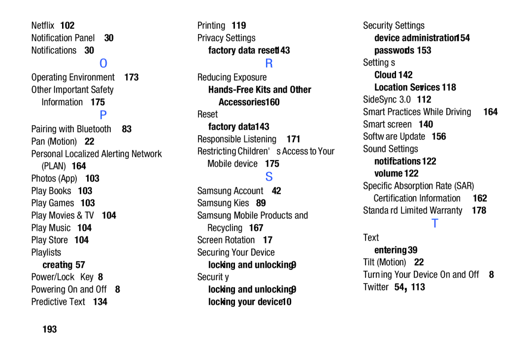 Samsung XE700T1C-K01US Information Accessories Reset Security Settings, SideSync 3.0 Smart Practices While Driving 