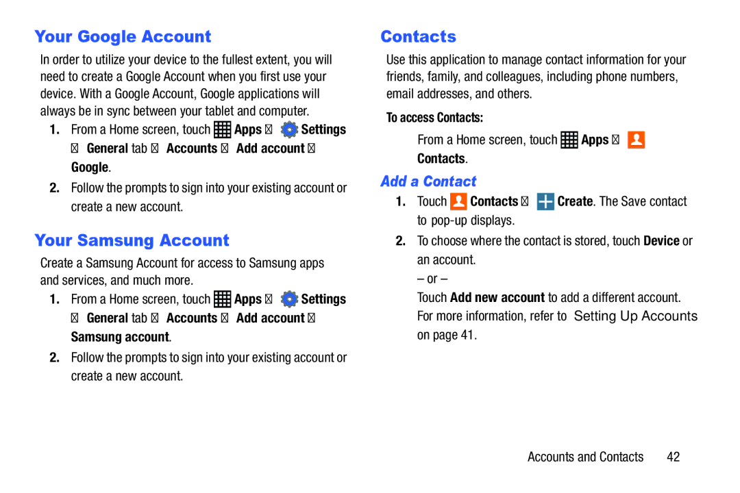 Samsung SM-P9000ZWFXAR, XE700T1C-K01US, SM-P9000ZKVXAR Your Google Account, Your Samsung Account, Contacts, Add a Contact 