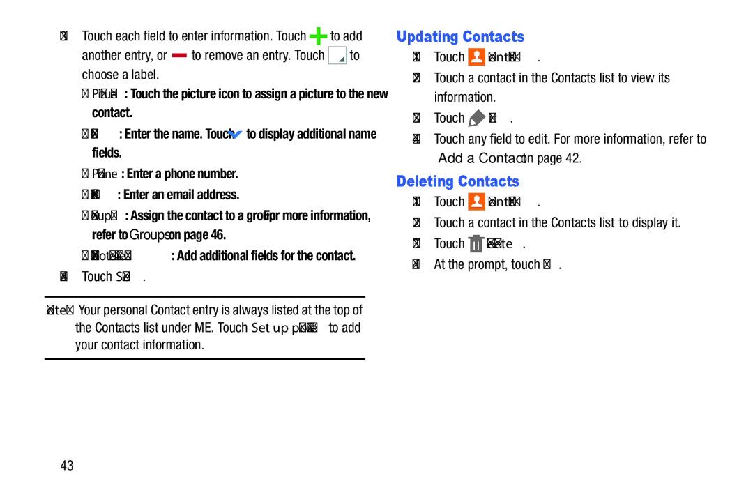 Samsung XE700T1C-K01US, SM-P9000ZKVXAR, SM-P9000ZKFXAR Updating Contacts, Deleting Contacts, Touch Save, Touch Contacts 