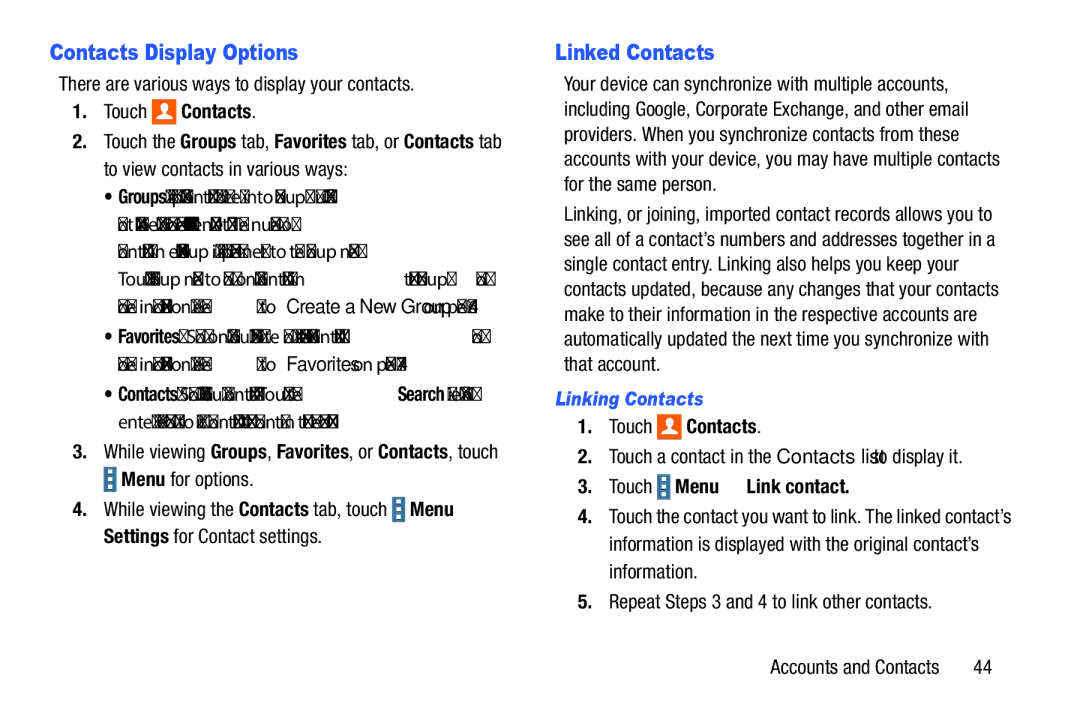 Samsung SM-P9000ZKVXAR, SM-P900A Contacts Display Options, Linked Contacts, Linking Contacts, Touch Menu Link contact 