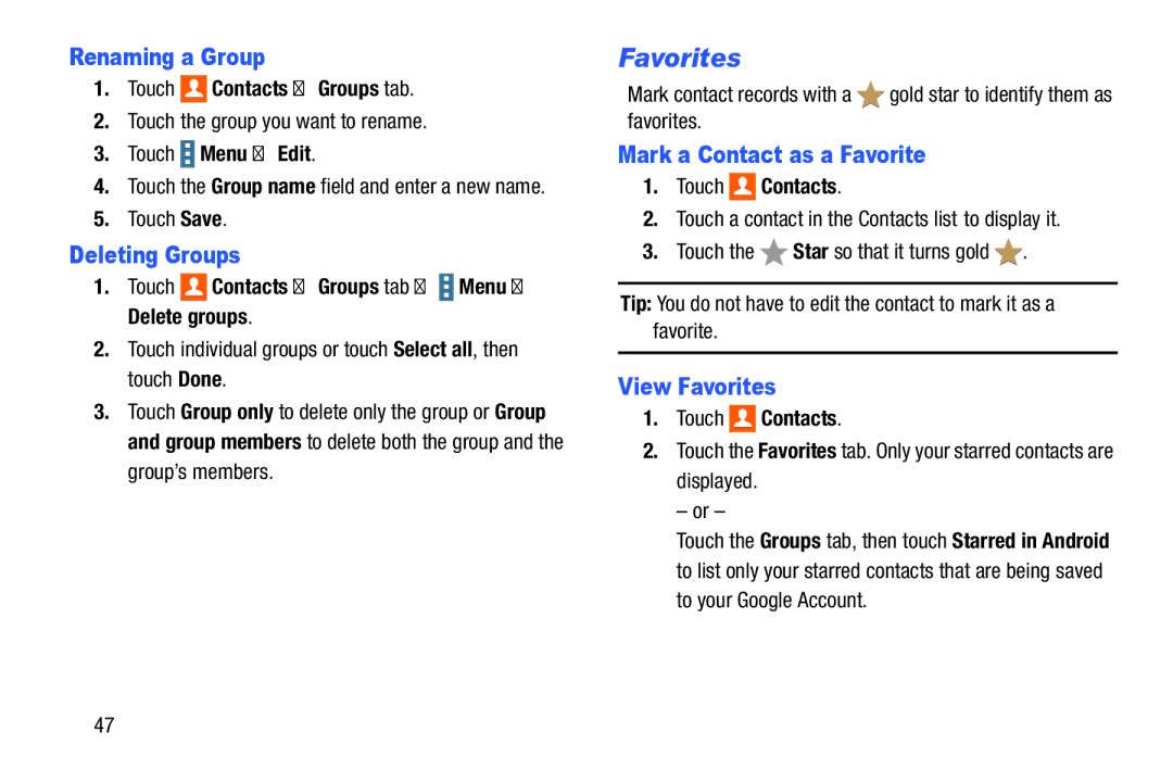 Samsung SM-P900A, XE700T1C-K01US Renaming a Group, Deleting Groups, Mark a Contact as a Favorite, View Favorites 