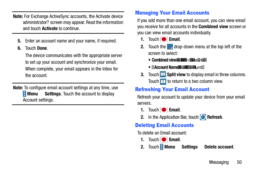 Samsung SM-P9000ZKVXAR Managing Your Email Accounts, Refreshing Your Email Account, Touch Menu Settings Delete account 