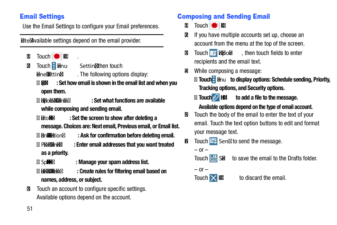 Samsung SM-P9000ZKFXAR, XE700T1C-K01US Email Settings, Composing and Sending Email, Touch Discard to discard the email 