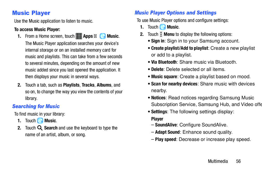 Samsung SM-P9000ZKVXAR, XE700T1C-K01US, SM-P9000ZKFXAR, SM-P900A Searching for Music, Music Player Options and Settings 