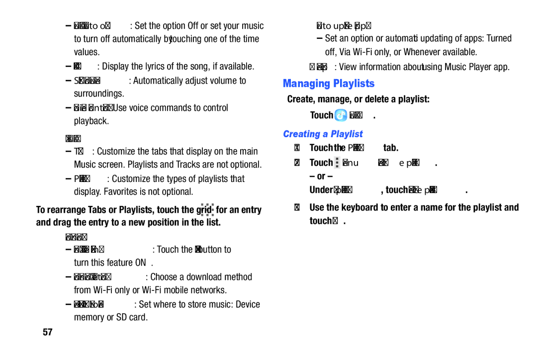Samsung SM-P9000ZKFXAR, XE700T1C-K01US, SM-P9000ZKVXAR, SM-P900A Managing Playlists, Auto update apps, Creating a Playlist 