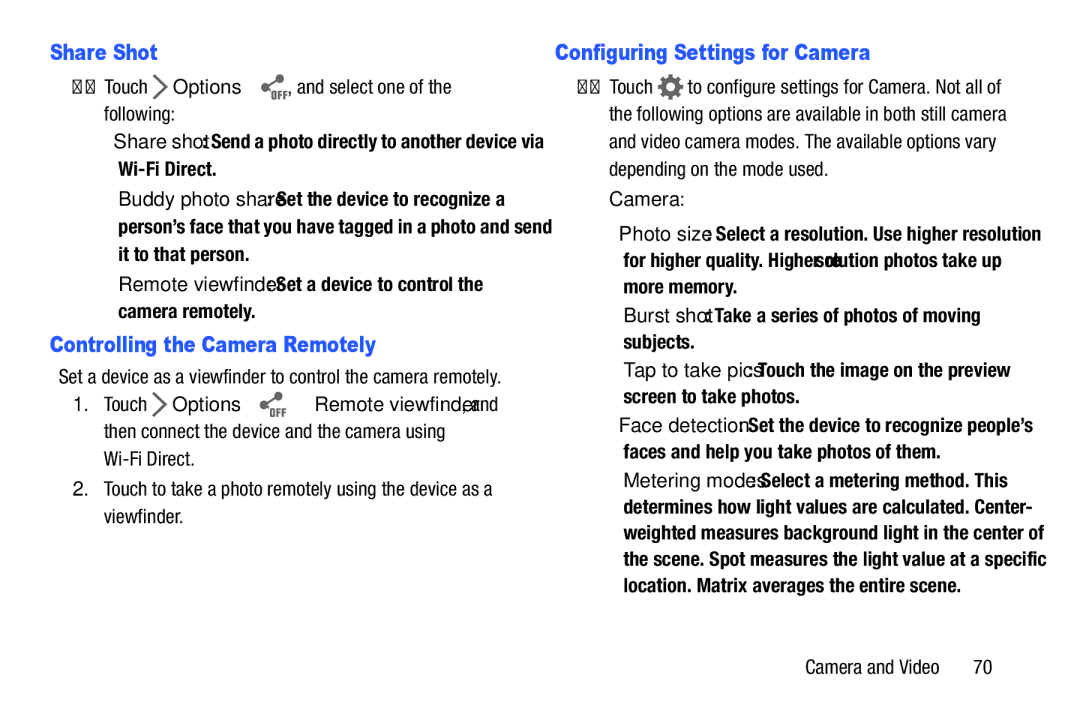 Samsung SM-P9000ZWVXAR, XE700T1C-K01US Share Shot, Controlling the Camera Remotely, Configuring Settings for Camera 