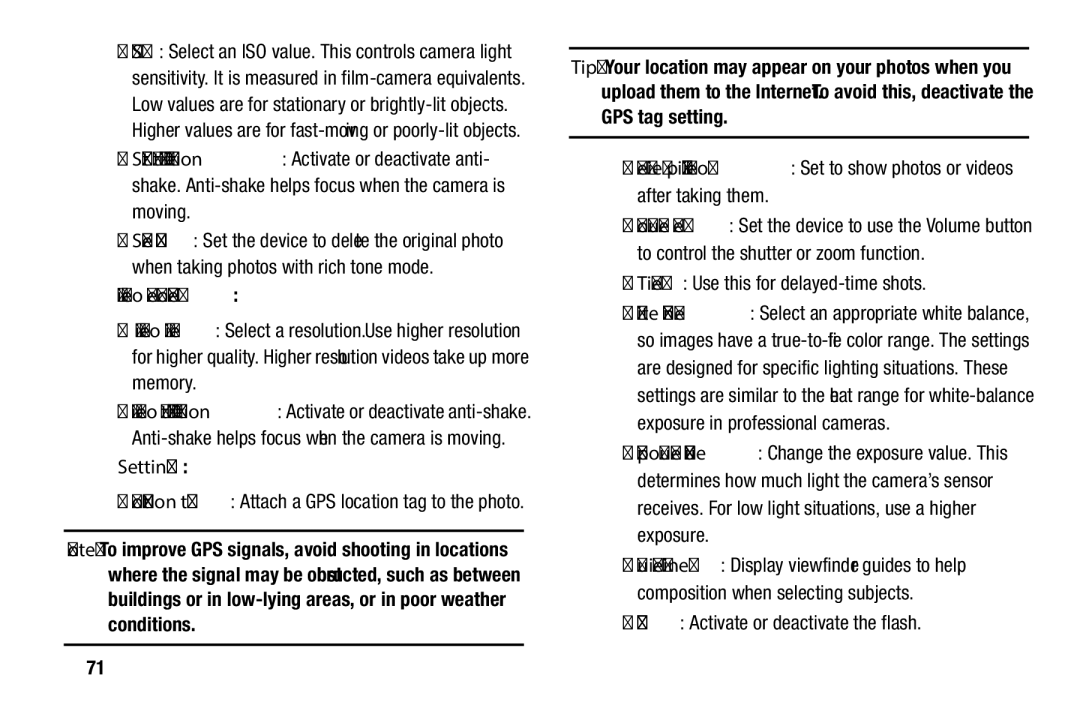 Samsung SM-P900A Video recorder, Settings, Timer Use this for delayed-time shots, Flash Activate or deactivate the flash 