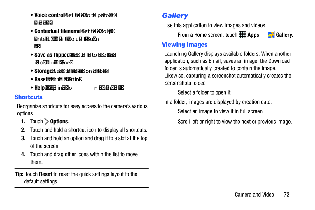 Samsung SM-P9000ZWFXAR, XE700T1C-K01US, SM-P9000ZKVXAR, SM-P9000ZKFXAR Gallery, Shortcuts, Viewing Images, Touch Options 