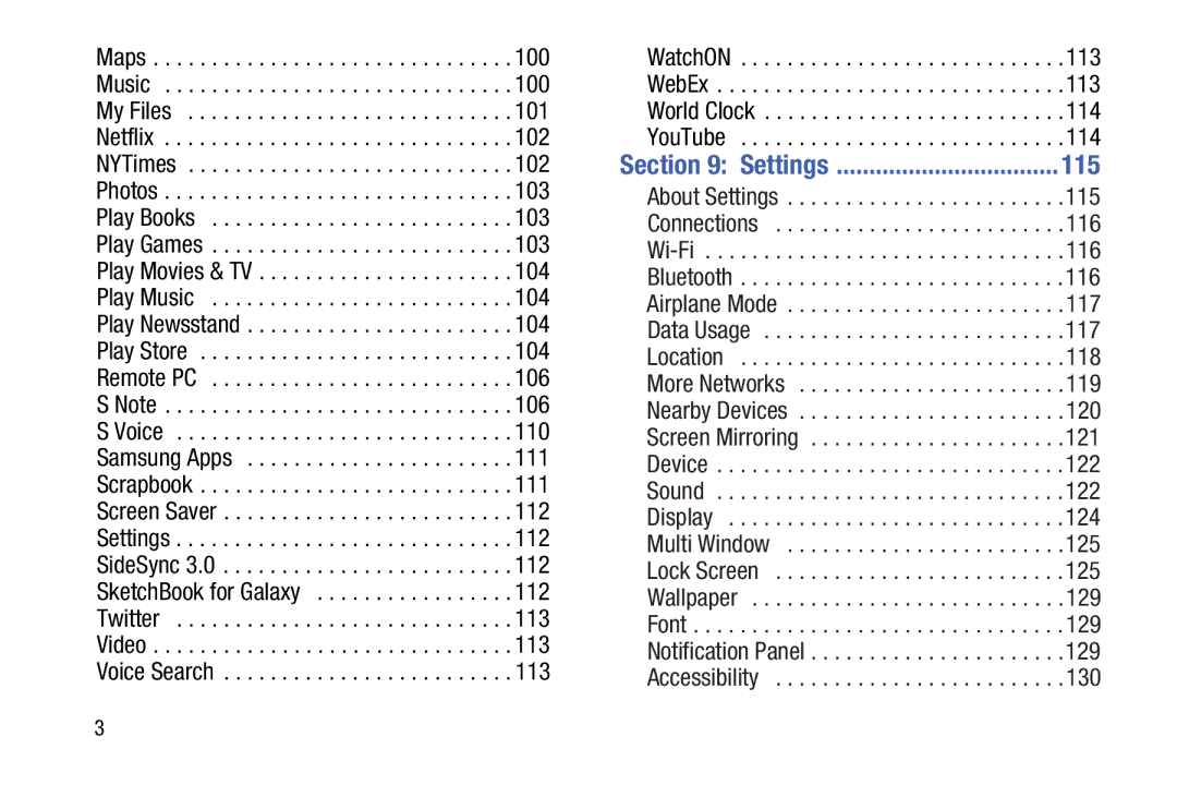 Samsung SM-P9000ZKFXAR, XE700T1C-K01US, SM-P9000ZKVXAR, SM-P9000ZWVXAR, SM-P900A, SM-P9000ZWFXAR user manual Settings, 115 