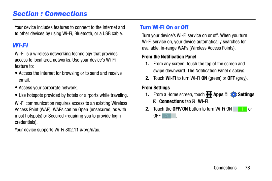 Samsung SM-P9000ZWFXAR Turn Wi-Fi On or Off, From the Notification Panel, From Settings, Connections tab Wi-Fi 