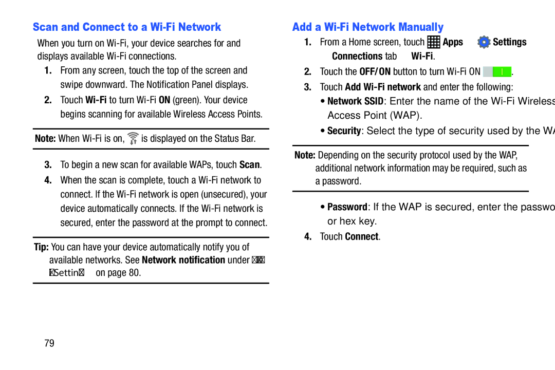 Samsung XE700T1C-K01US, SM-P9000ZKVXAR, SM-P9000ZKFXAR Scan and Connect to a Wi-Fi Network, Add a Wi-Fi Network Manually 