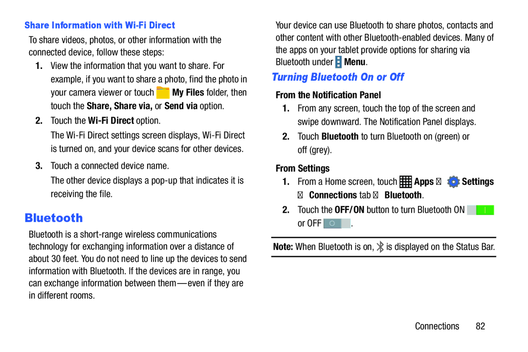 Samsung SM-P9000ZWVXAR Turning Bluetooth On or Off, Share Information with Wi-Fi Direct, Connections tab Bluetooth 