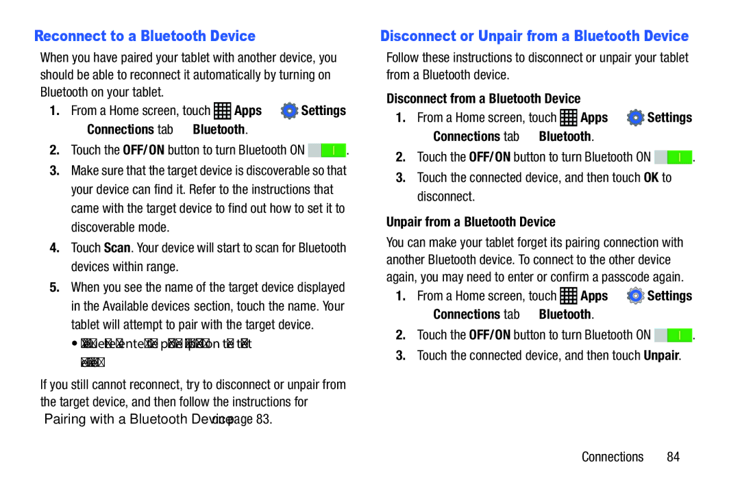 Samsung SM-P9000ZWFXAR Reconnect to a Bluetooth Device, Disconnect from a Bluetooth Device, Unpair from a Bluetooth Device 