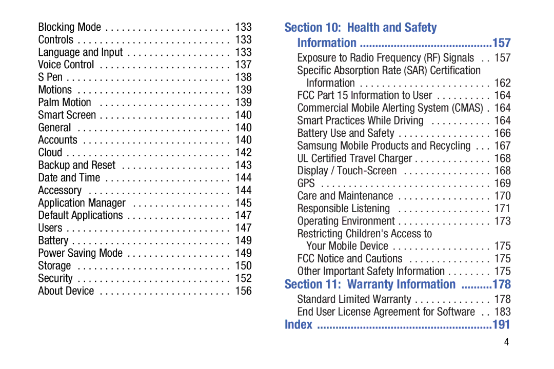 Samsung SM-P9000ZWVXAR, XE700T1C-K01US, SM-P9000ZKVXAR, SM-P9000ZKFXAR, SM-P900A Health and Safety, 157, 178, 191, Index 