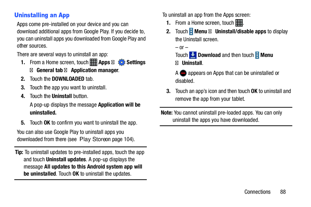 Samsung SM-P9000ZWVXAR Uninstalling an App, Uninstall screen, Touch, Appears on Apps that can be uninstalled or disabled 