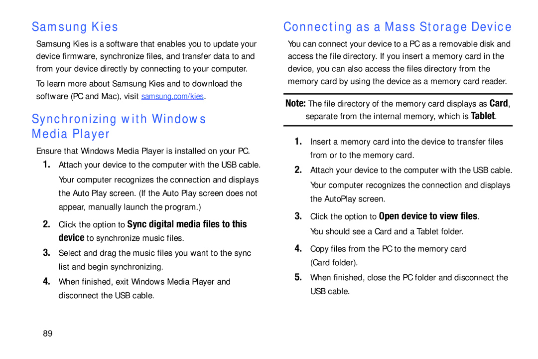 Samsung SM-P900A user manual Samsung Kies, Synchronizing with Windows Media Player, Connecting as a Mass Storage Device 