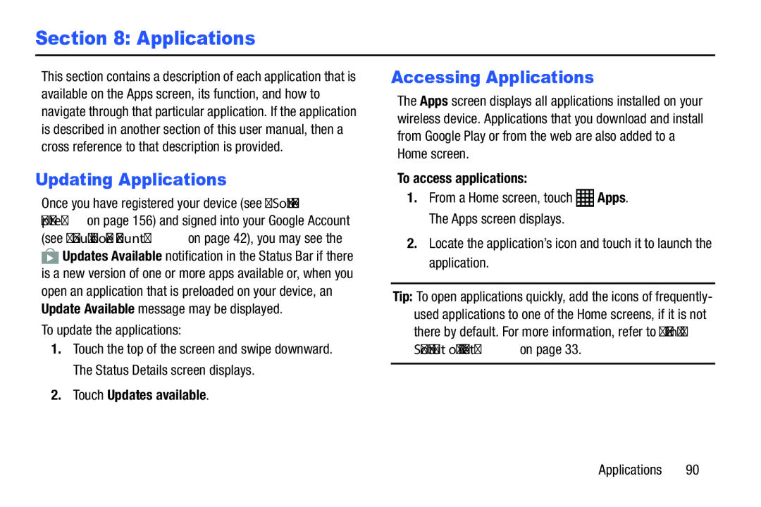 Samsung SM-P9000ZWFXAR Updating Applications, Accessing Applications, Touch Updates available, To access applications 