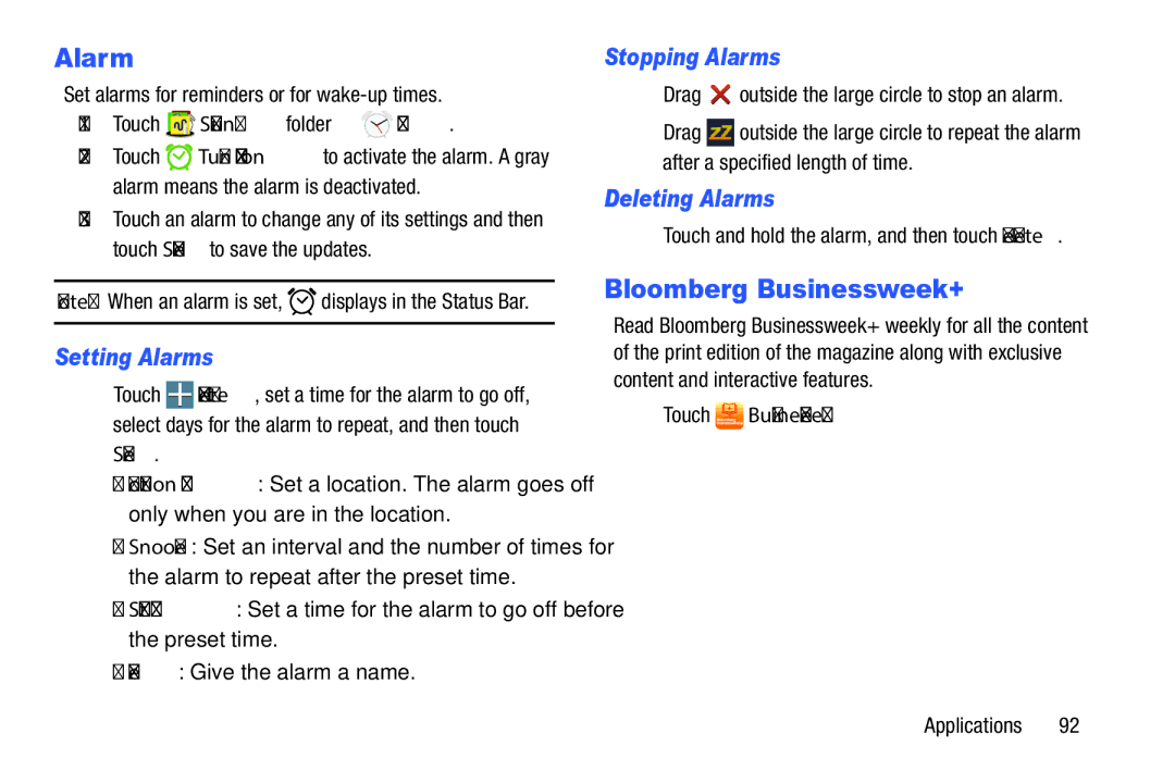 Samsung SM-P9000ZKVXAR, XE700T1C-K01US Bloomberg Businessweek+, Setting Alarms, Stopping Alarms, Deleting Alarms 