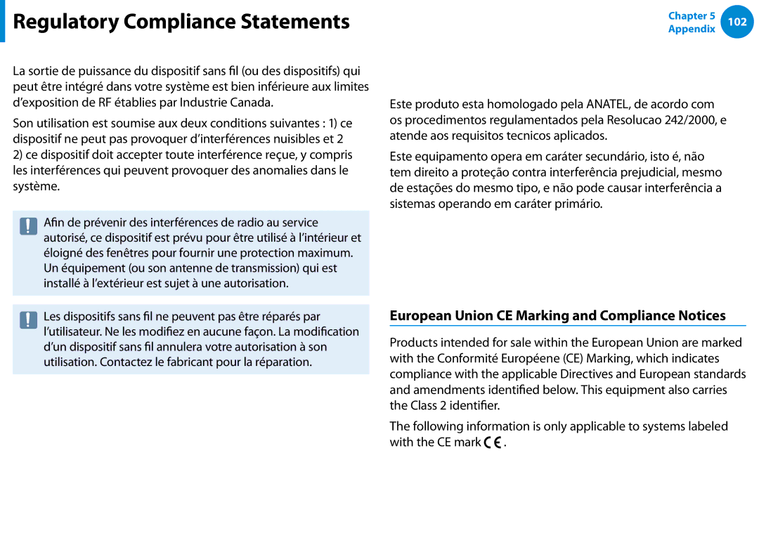 Samsung XE700T1CA03US, Xe700t1c, XE500T1CA01US, XE700T1CA01VE Brazil, European Union CE Marking and Compliance Notices 