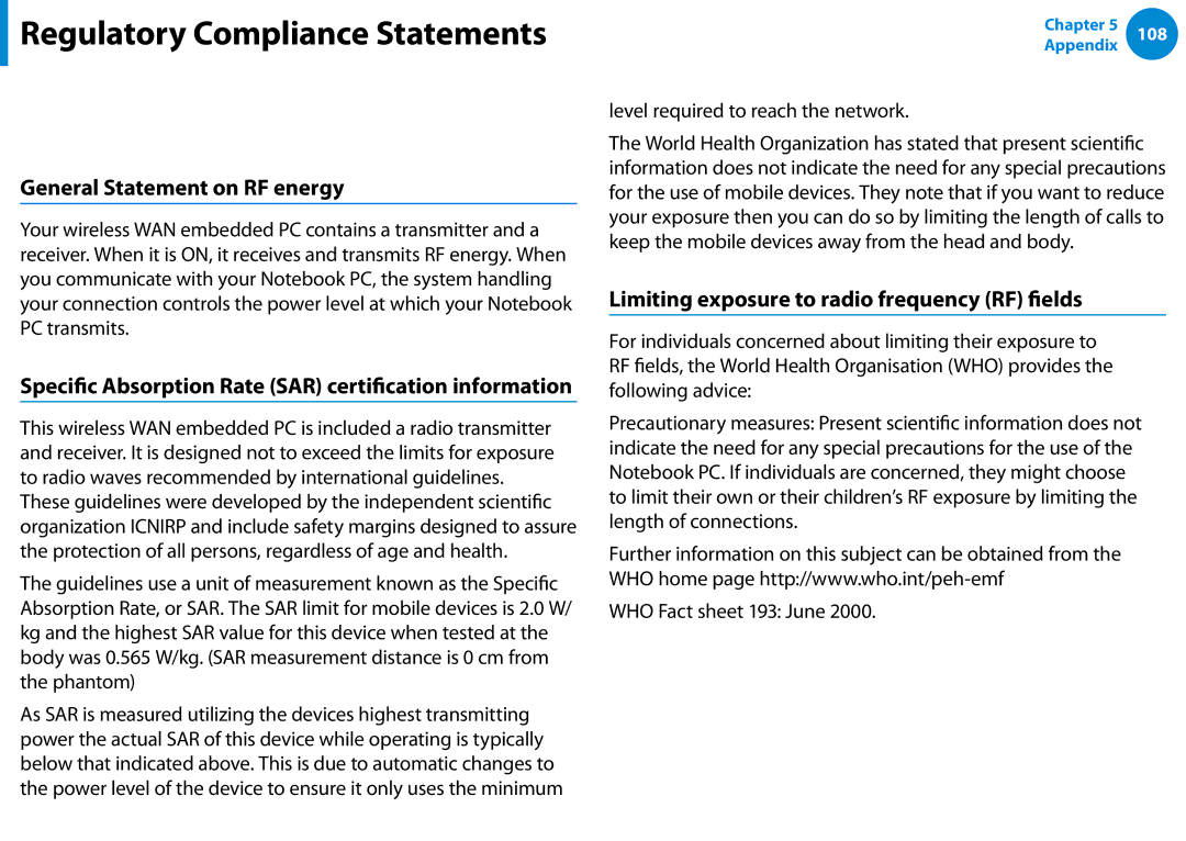 Samsung XE700T1CA04US, Xe700t1c, XE500T1CA01US RF Exposure for corresponding 3G models only, General Statement on RF energy 