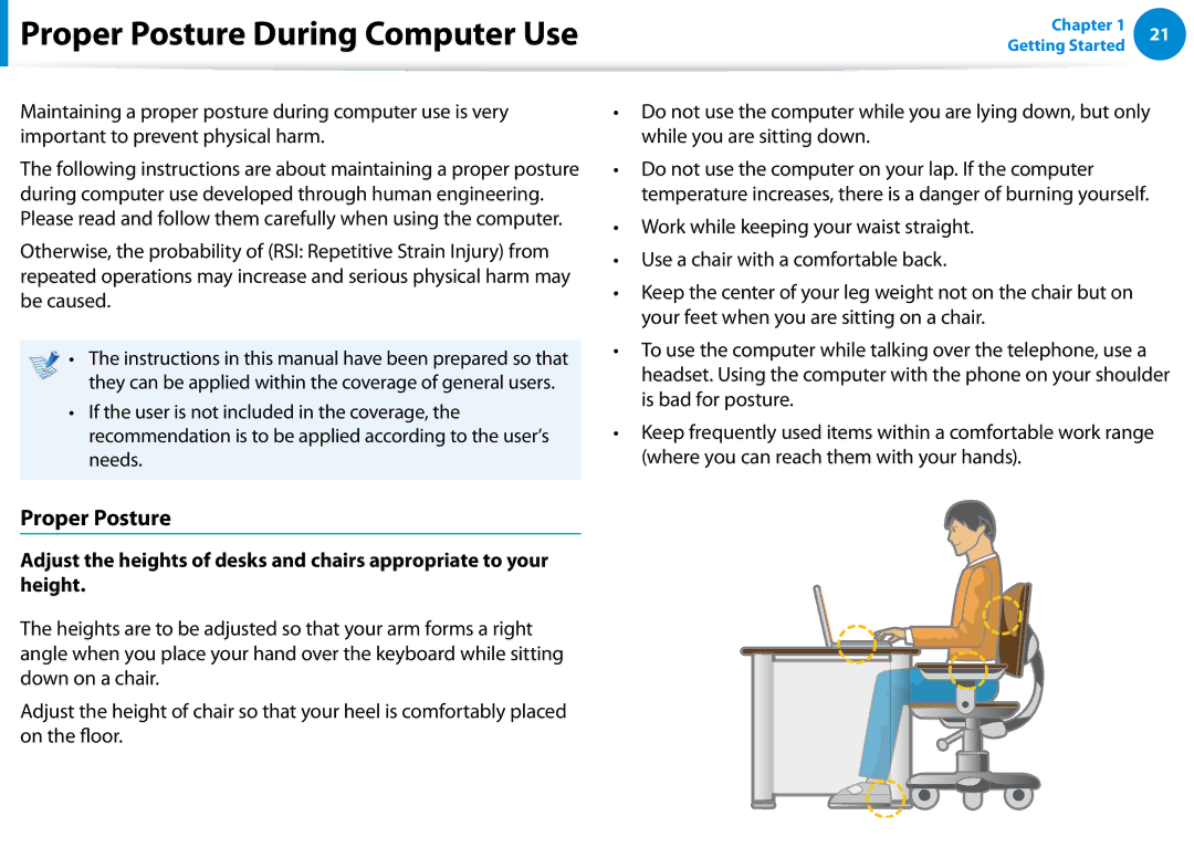 Samsung XE500T1CA01US, Xe700t1c, XE700T1CA01VE, XE700T1CA04US, XE700T1CA03US manual Proper Posture During Computer Use 