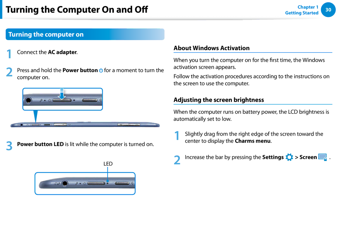 Samsung XE700T1CA01VE, Xe700t1c, 5 manual Turning the Computer On and Off, Turning the computer on, About Windows Activation 