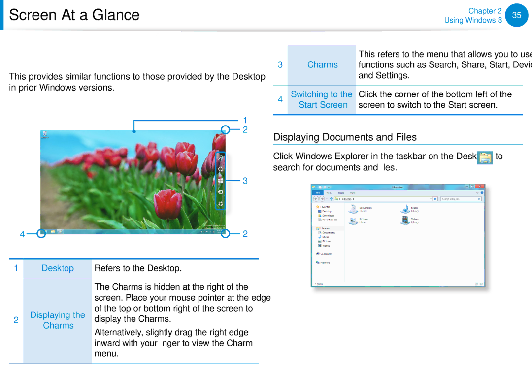 Samsung XE500T1CA01US Desktop, Displaying Documents and Files, Top or bottom right of the screen to, Display the Charms 