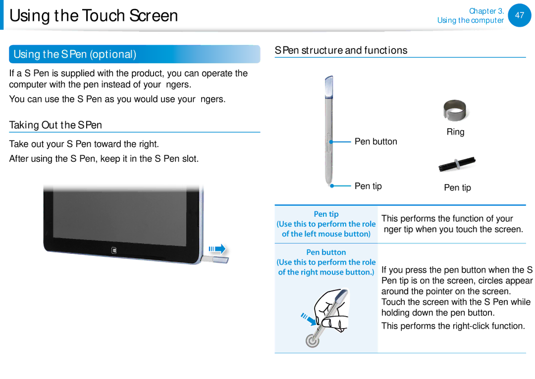 Samsung Xe700t1c, XE500T1CA01US manual Using the S Pen optional, Taking Out the S Pen, Pen structure and functions 