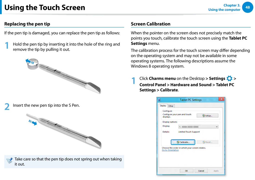 Samsung Xe700t1c, XE500T1CA01US, XE700T1CA01VE, XE700T1CA04US Replacing the pen tip, Screen Calibration, Settings Calibrate 