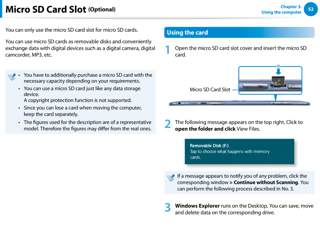 Samsung XE700T1CA04US, Xe700t1c, XE500T1CA01US, XE700T1CA01VE, XE700T1CA03US manual Micro SD Card Slot Optional, Using the card 