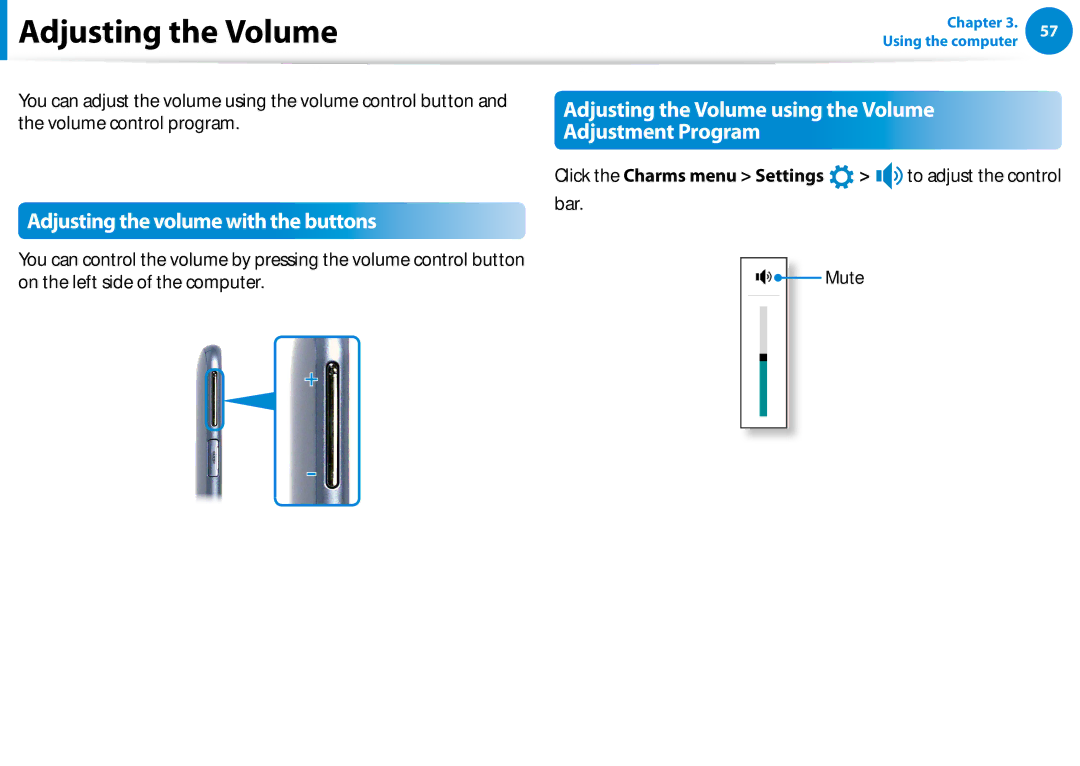 Samsung Xe700t1c, XE500T1CA01US, XE700T1CA01VE manual Adjusting the Volume, Adjusting the volume with the buttons, Mute 