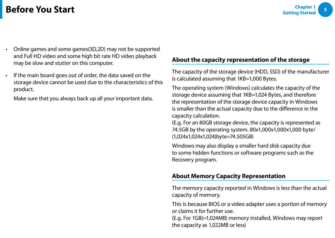 Samsung Xe700t1c, XE500T1C Performance Information and Restriction, About the Product Capacity Representation Standard 