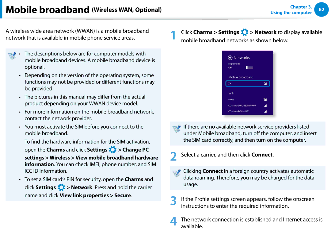 Samsung Xe700t1c, XE500T1CA01US, XE700T1CA01VE, XE700T1CA04US, XE700T1CA03US manual Mobile broadband Wireless WAN, Optional 