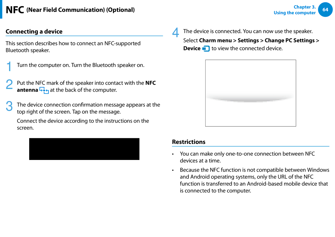 Samsung Xe700t1c, XE500T1CA01US manual NFC Near Field Communication Optional Connecting a device, Restrictions, Antenna 