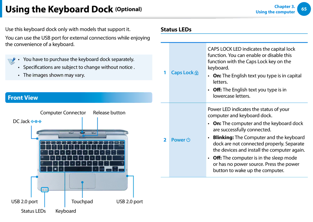 Samsung XE700T1CA01VE, Xe700t1c, XE500T1CA01US manual Using the Keyboard Dock Optional, Status LEDs, Caps Lock, Power 