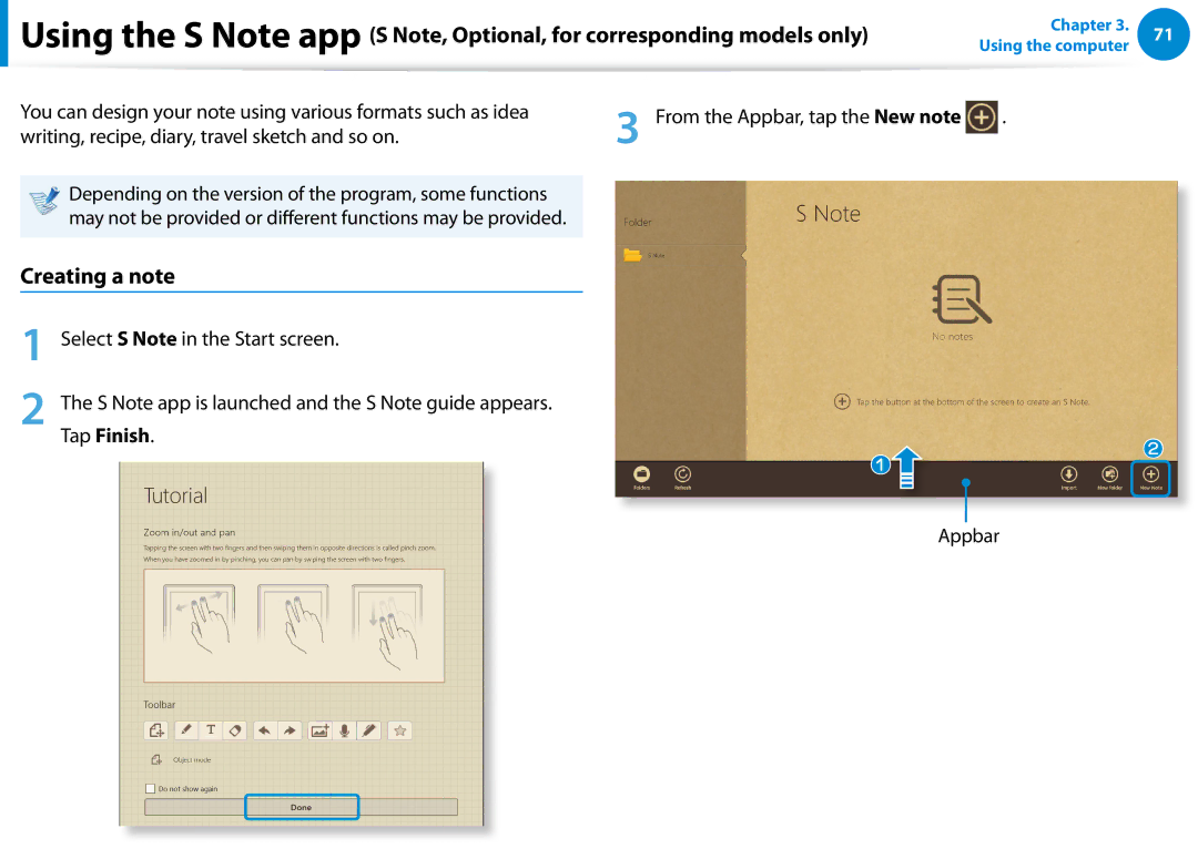 Samsung Xe700t1c, XE500T1CA01US, XE700T1CA01VE, XE700T1CA04US, XE700T1CA03US manual Creating a note, Tap Finish, Appbar 