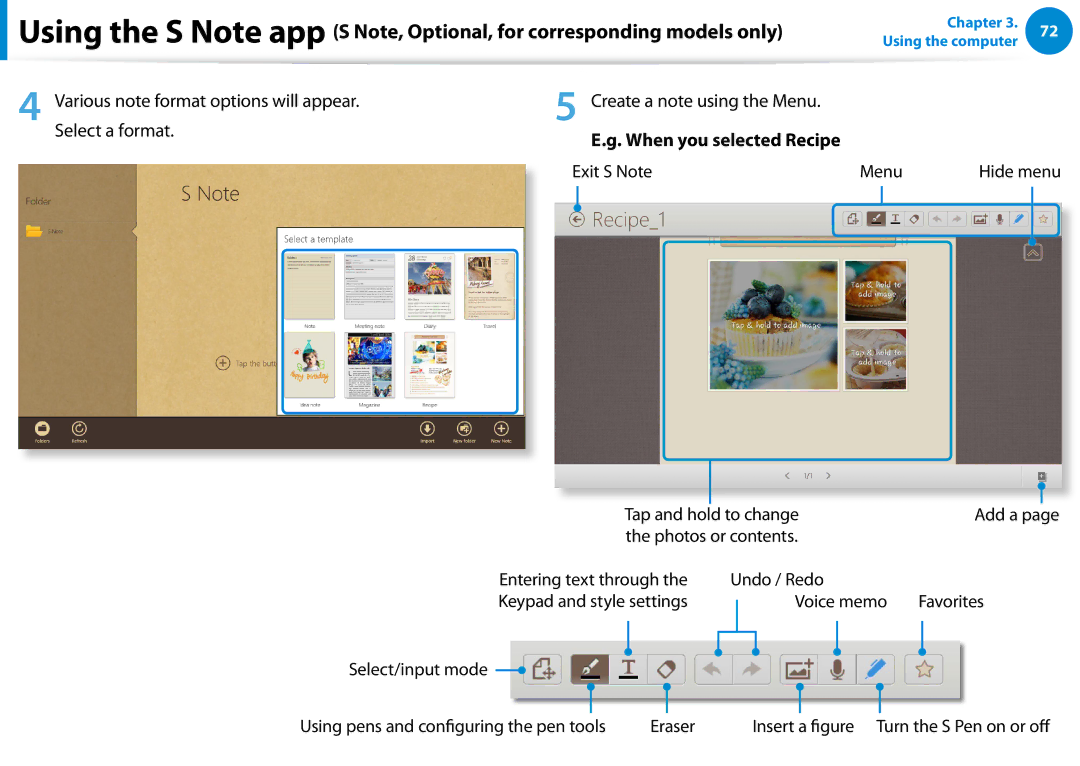 Samsung XE700T1CA01VE Exit S Note Menu, Tap and hold to change Add a Photos or contents, Undo / Redo, Voice memo Favorites 