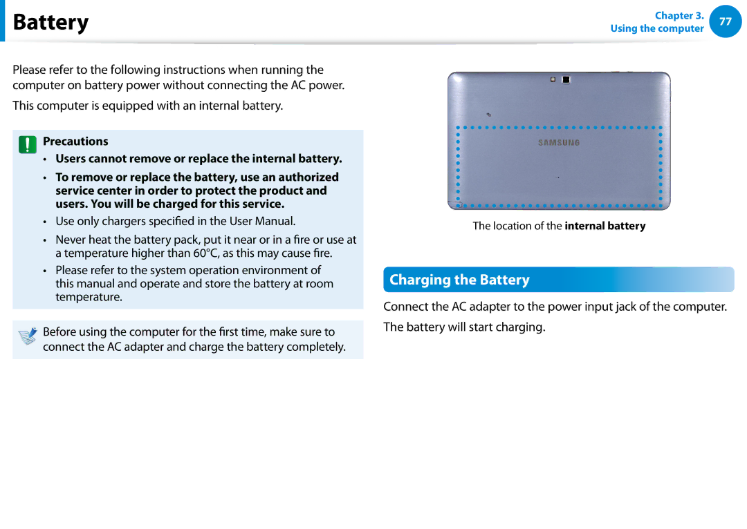 Samsung XE500T1CA01US, Xe700t1c, XE700T1CA01VE Charging the Battery, This computer is equipped with an internal battery 