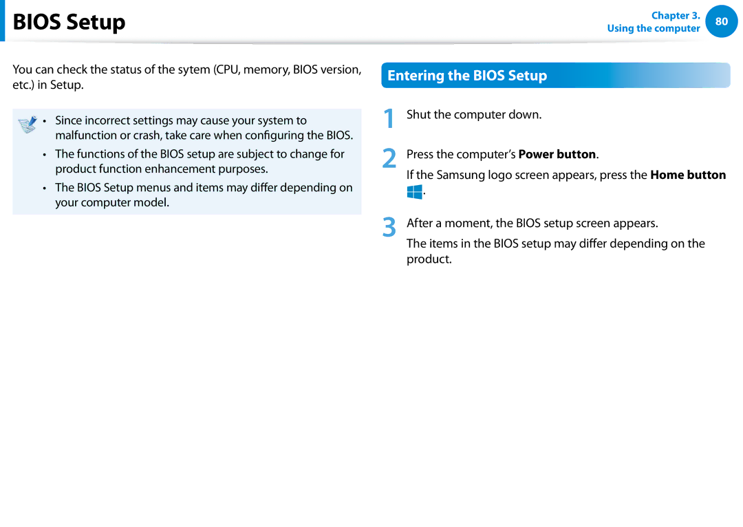 Samsung XE700T1CA04US, Xe700t1c, XE500T1CA01US, XE700T1CA01VE, XE700T1CA03US manual Entering the Bios Setup 