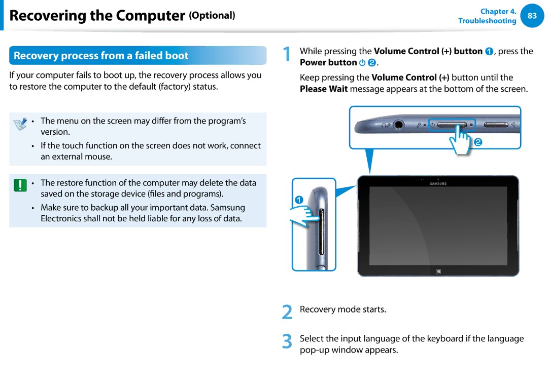 Samsung Xe700t1c, XE500T1CA01US manual Recovering the Computer Optional, Recovery process from a failed boot, Power button 