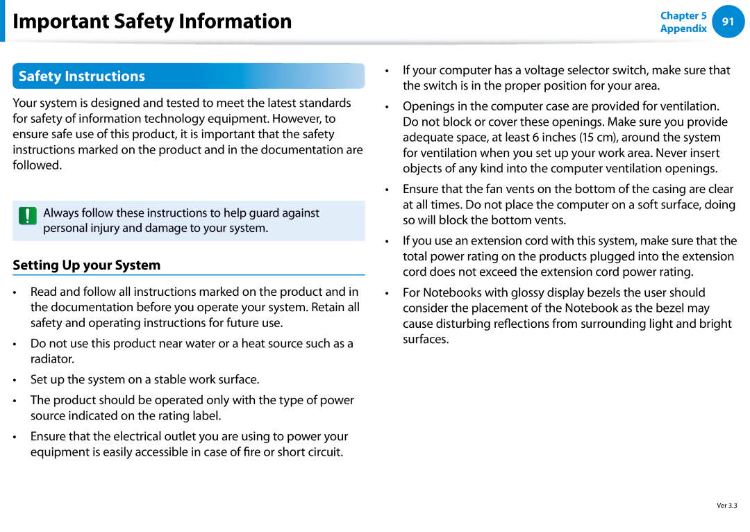 Samsung XE500T1CA01US, Xe700t1c, XE700T1CA01VE Important Safety Information, Safety Instructions, Setting Up your System 