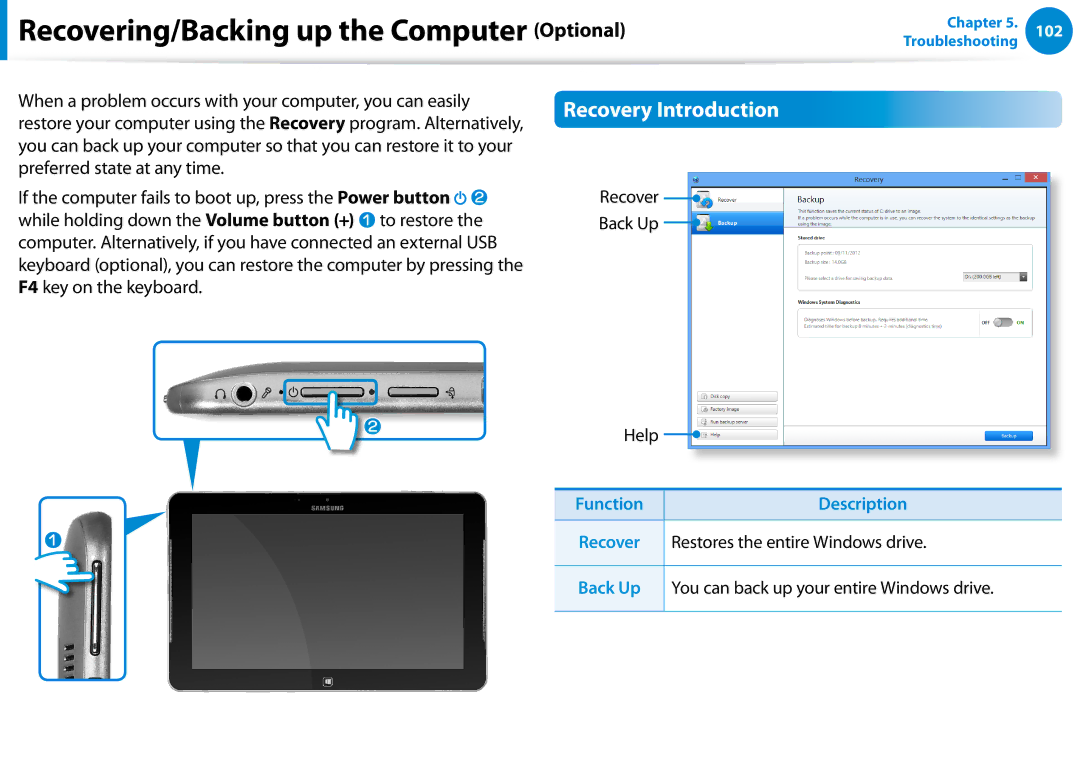 Samsung Xe700t1c, XE700T1CHA1US Recovering/Backing up the Computer Optional, Recovery Introduction, Recover Back Up Help 