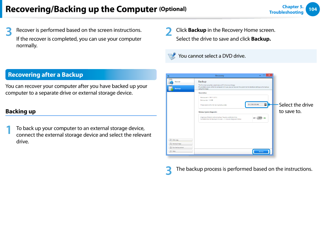 Samsung XE700T1CHA1US, Xe700t1c, 700TC manual Recovering after a Backup, Backing up 