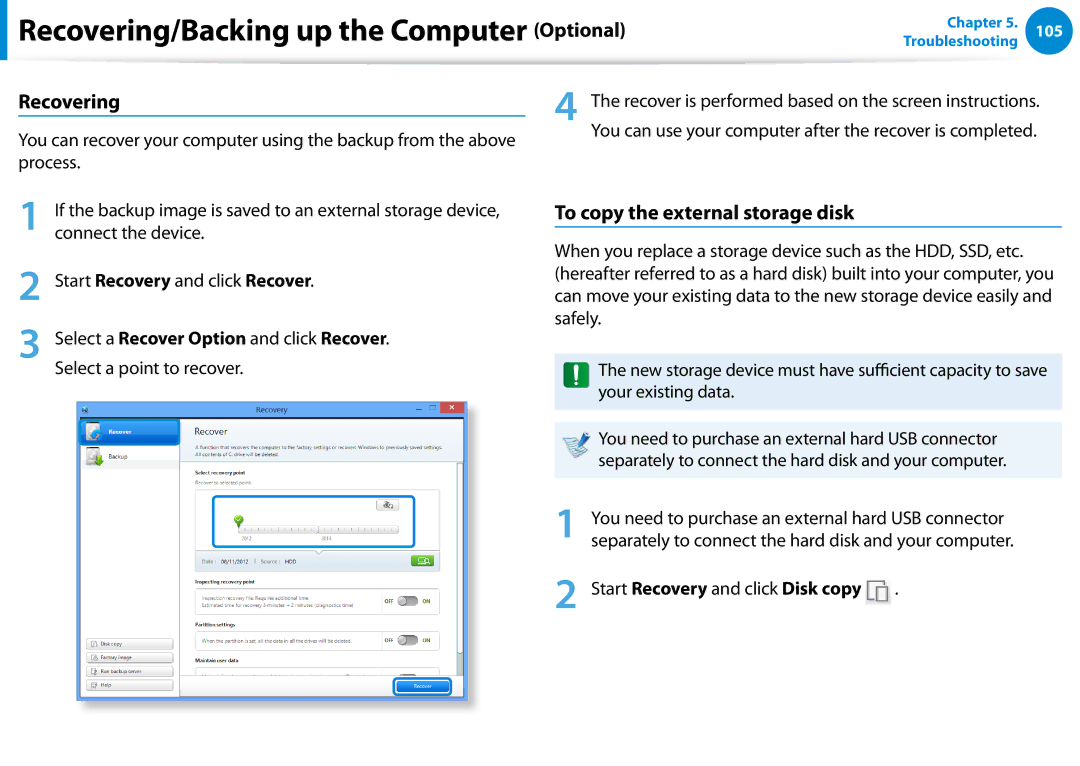 Samsung Xe700t1c, XE700T1CHA1US, 700TC manual Recovering, To copy the external storage disk 