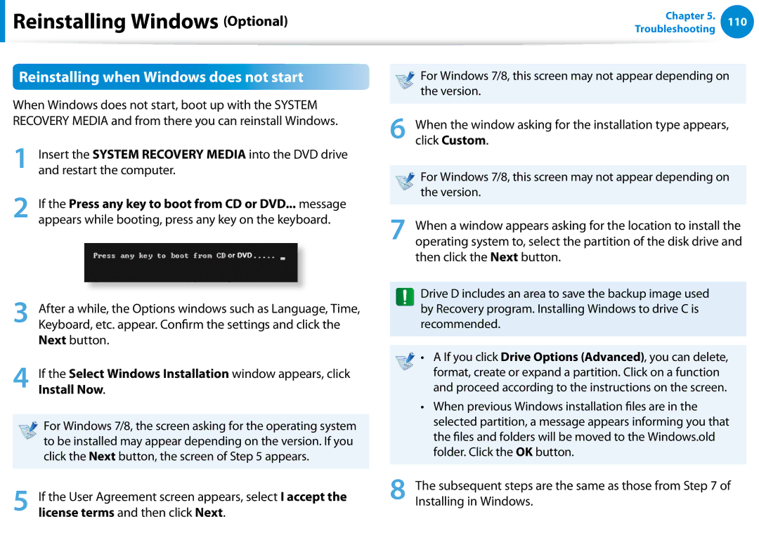 Samsung XE700T1CHA1US, Xe700t1c, 700TC manual Reinstalling when Windows does not start, Install Now 