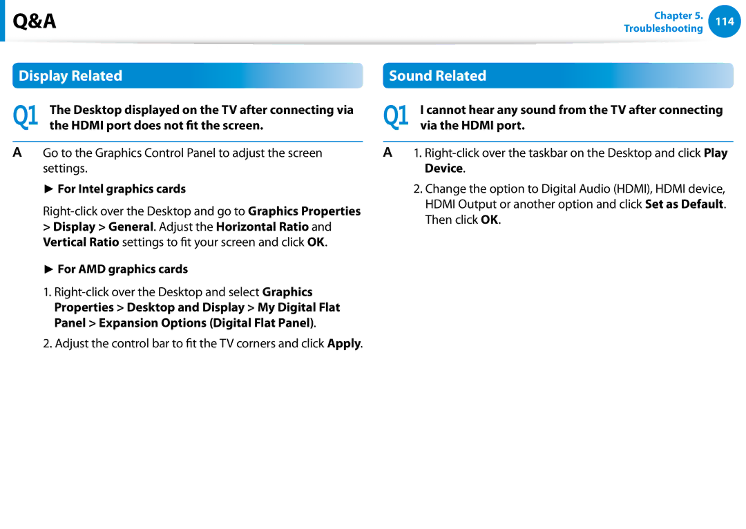 Samsung Xe700t1c manual Display Related, Sound Related, For Intel graphics cards, For AMD graphics cards, Via the Hdmi port 